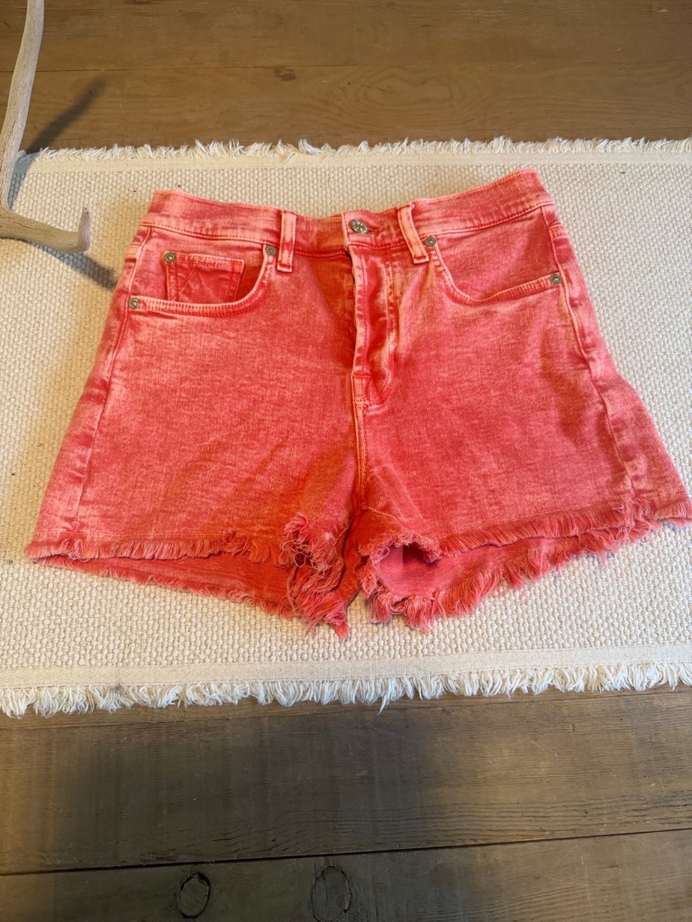 7 For All Mankind Coral Red Frayed Hem Denim Shorts